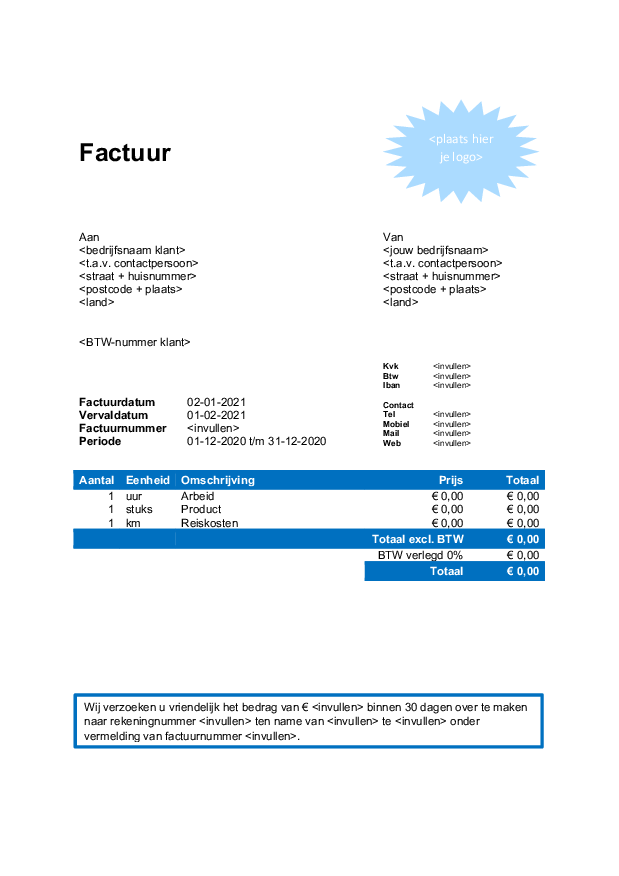 Voorbeeld sjabloon btw verlegde factuur