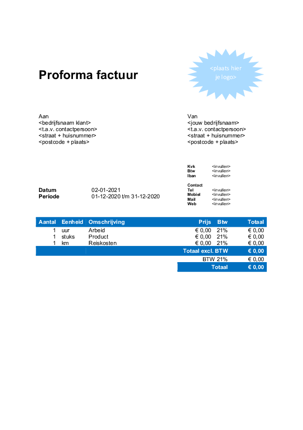 Voorbeeld sjabloon proforma factuur